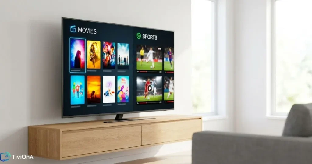 Comparaison de qualité vidéo IPTV premium France sur télévision 4K dans un salon contemporain