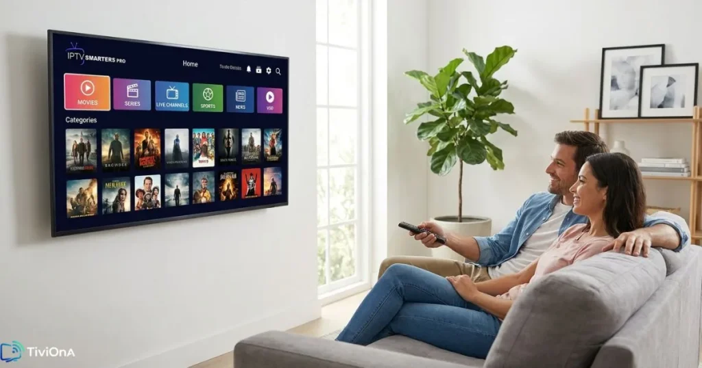 Couple utilisant IPTV Smarters Pro chaînes sur Smart TV, illustrant la navigation dans un iptv smarters pro abonnement au quotidien.