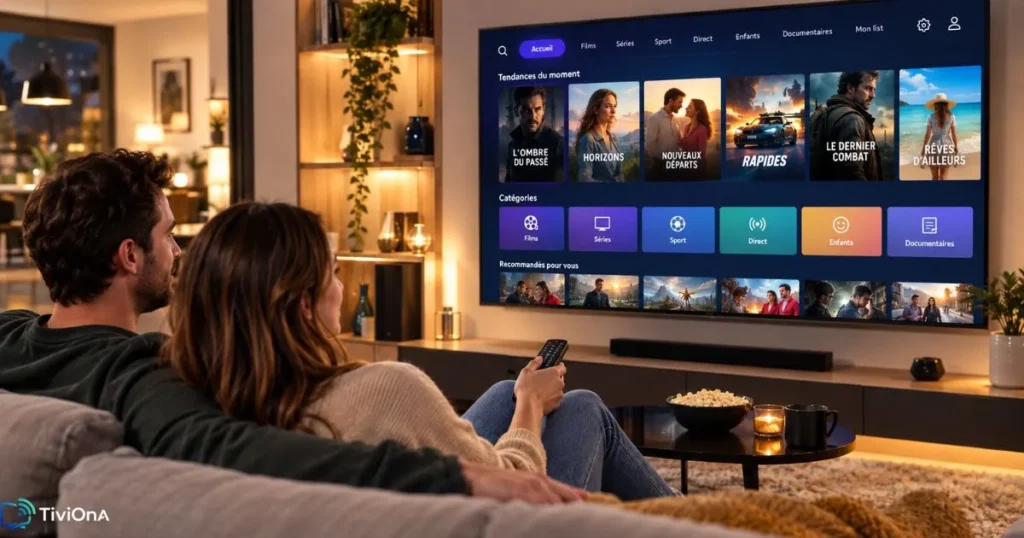 Couple regardant un service IPTV fiable sur Smart TV dans un salon moderne