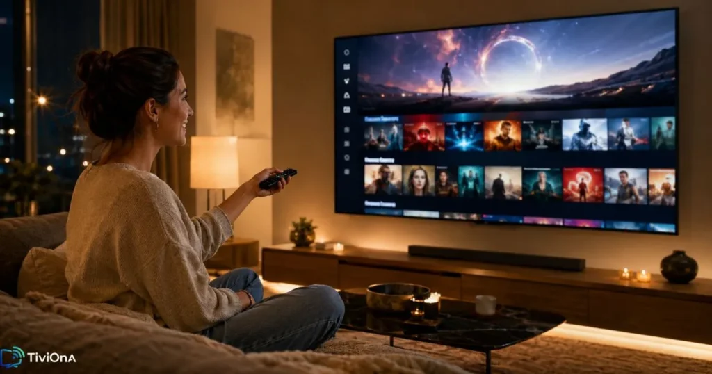 Femme testant un forfait IPTV premium sur sa Smart TV lors d'une période d'essai gratuite