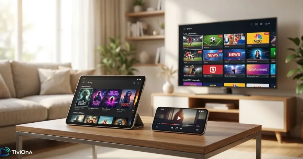 Streaming IPTV Android sur plusieurs appareils : TV Box, tablette et smartphone connectés
