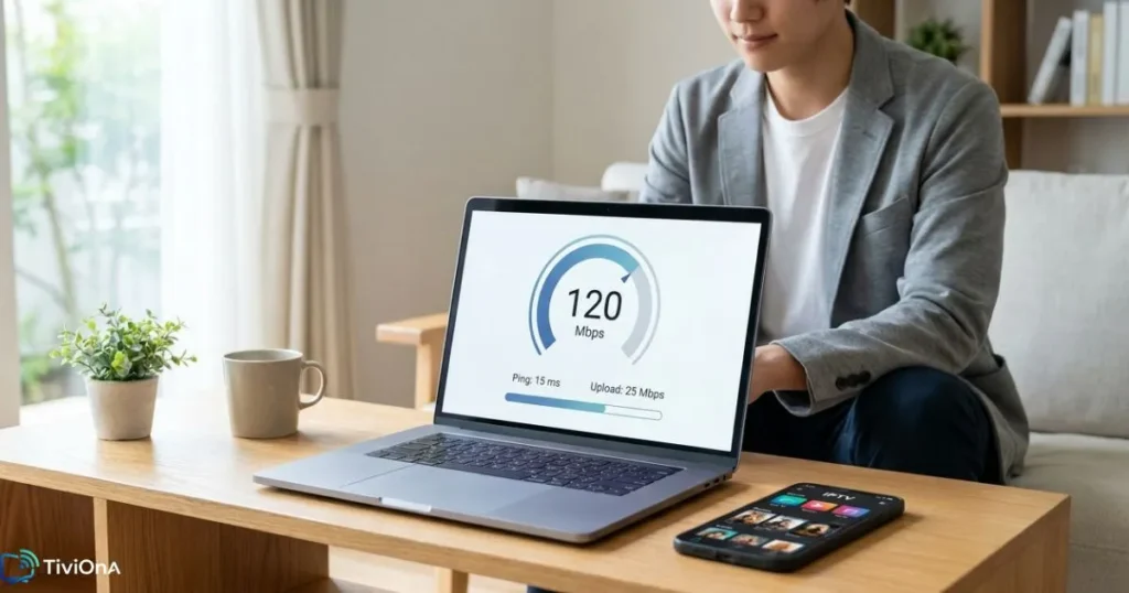 Test débit IPTV France - personne vérifiant sa connexion internet avant de choisir un abonnement streaming