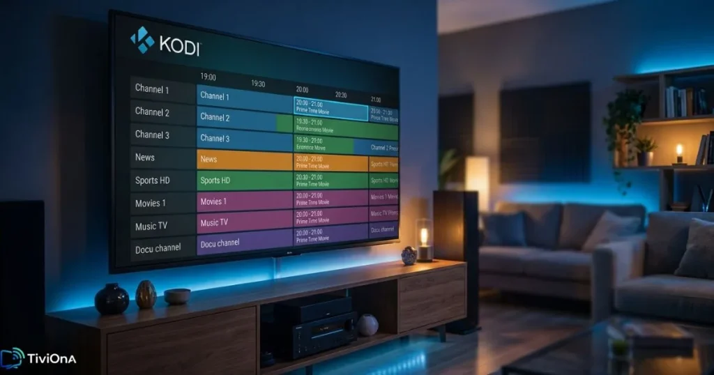 Guide EPG Kodi affiché sur Smart TV avec grille de programmes IPTV