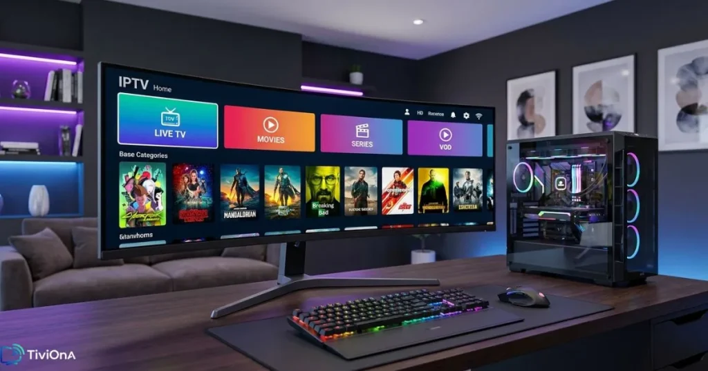 Streaming IPTV PC en qualité haute définition sur un setup gaming moderne et lumineux