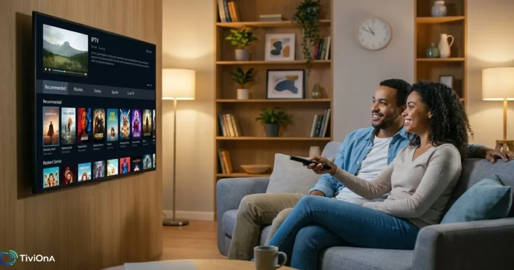 Choisir un abonnement IPTV fiable pas cher : couple satisfait regardant du contenu en streaming sur Smart TV