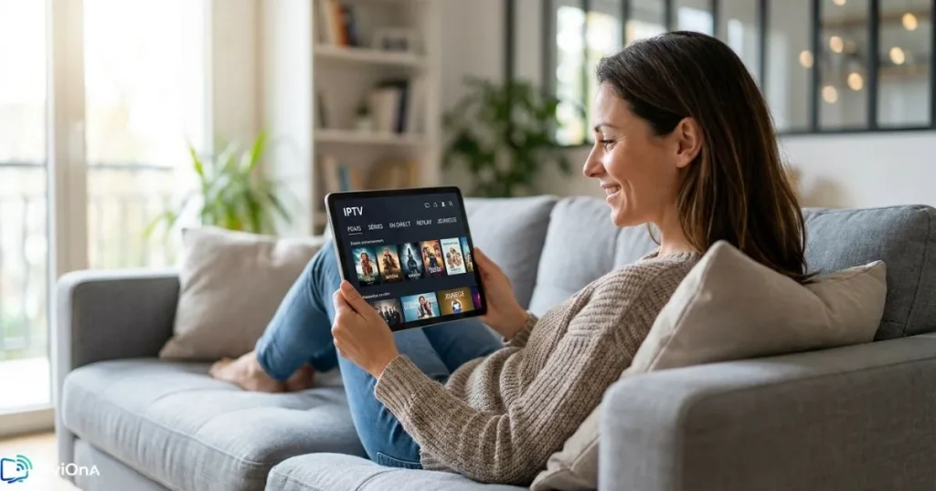 Femme satisfaite de son meilleur abonnement IPTV France regardant du contenu sur son canapé