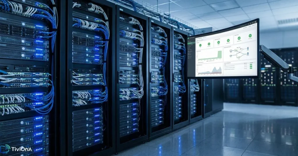 Infrastructure IPTV sécurisée : salle de serveurs avec matériel réseau haute performance
