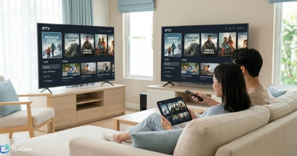 Alternatives IPTV stables sur Smart TV et tablette dans un salon moderne