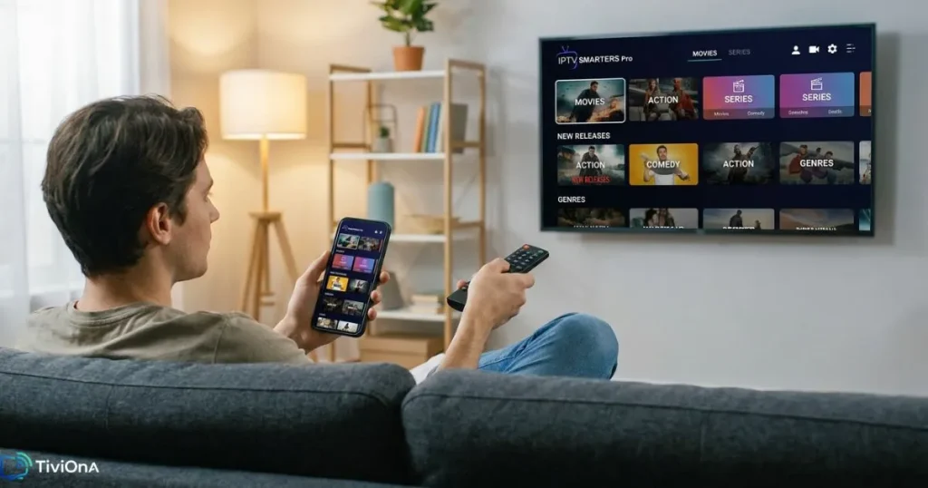 Navigation dans IPTV Smarters Pro VOD sur Smart TV et smartphone, montrant l’usage d’un abonnement compatible Smarters Pro pour les films et séries à la demande.