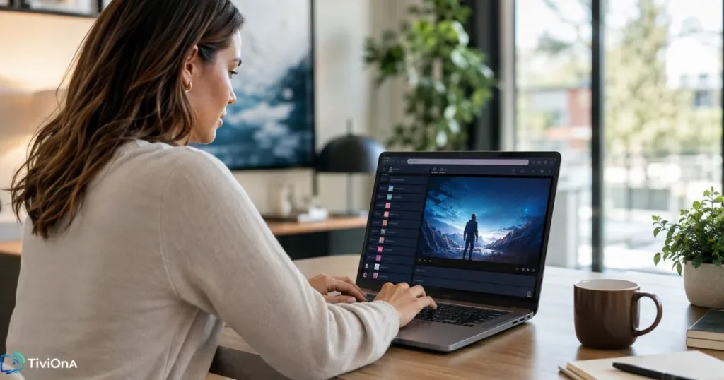 IPTV sans application : une femme configure un flux IPTV web sur son ordinateur portable