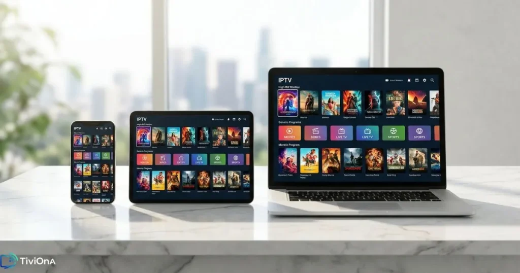 Plusieurs appareils compatibles IPTV affichant une interface de streaming moderne