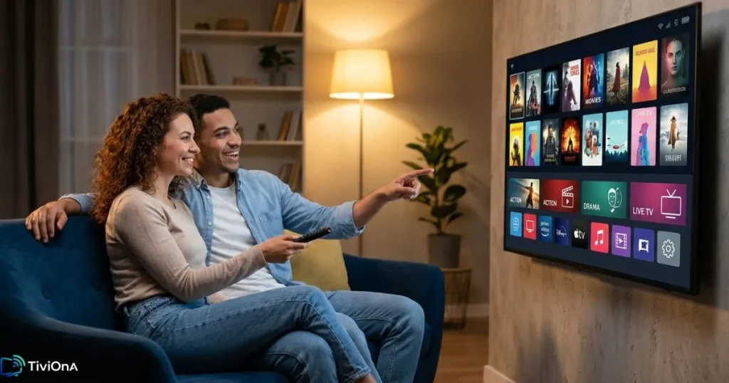 Abonnement IPTV 2026 testé en famille sur une Smart TV dans un salon moderne