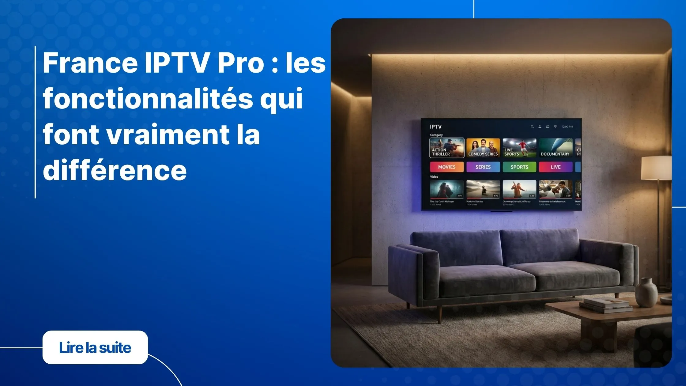Interface france IPTV pro affichée sur une Smart TV moderne dans un salon contemporain