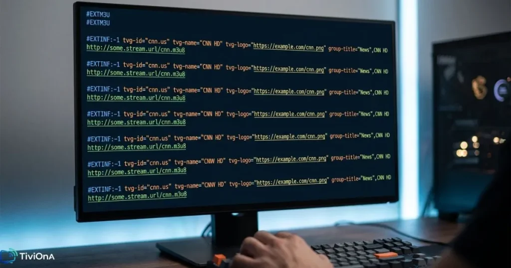 Structure d'une playlist IPTV M3U affichée sur un écran de bureau