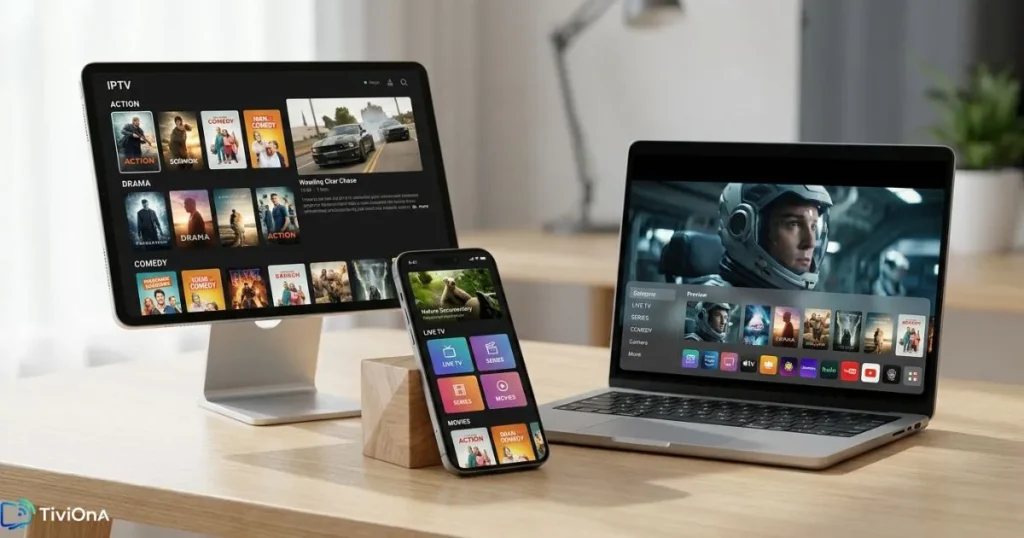 Compatibilité multi-appareils d'un abonnement IPTV Pro : Smart TV, tablette et smartphone affichant la même interface