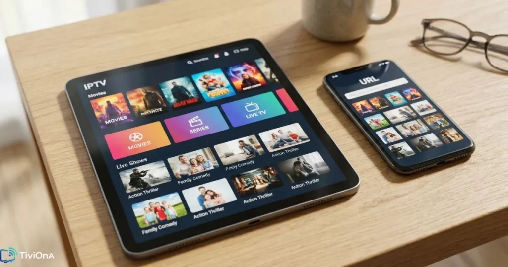 Chargement d'une URL M3U dans une application IPTV sur tablette et smartphone