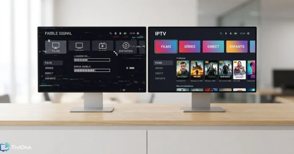 Comparaison entre un IPTV fiable et une offre bas de gamme sur deux écrans côte à côte