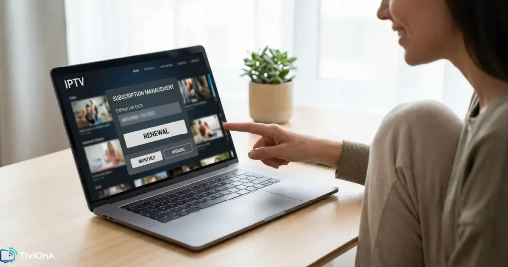 Renouvellement IPTV en ligne sur ordinateur portable depuis un bureau à domicile