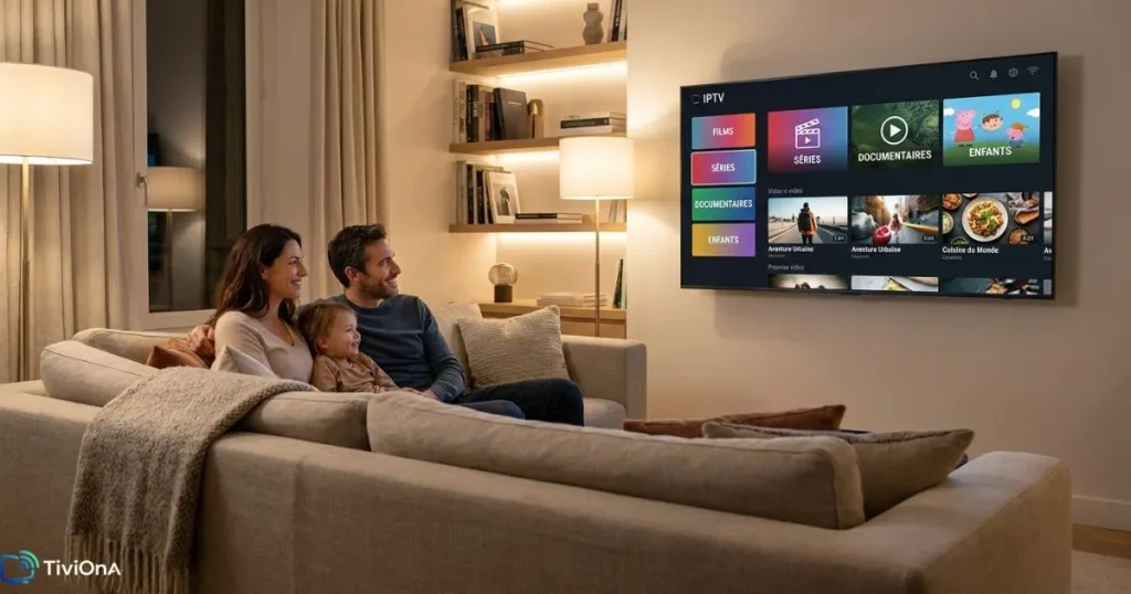 Service IPTV utilisé en famille dans un salon français moderne
