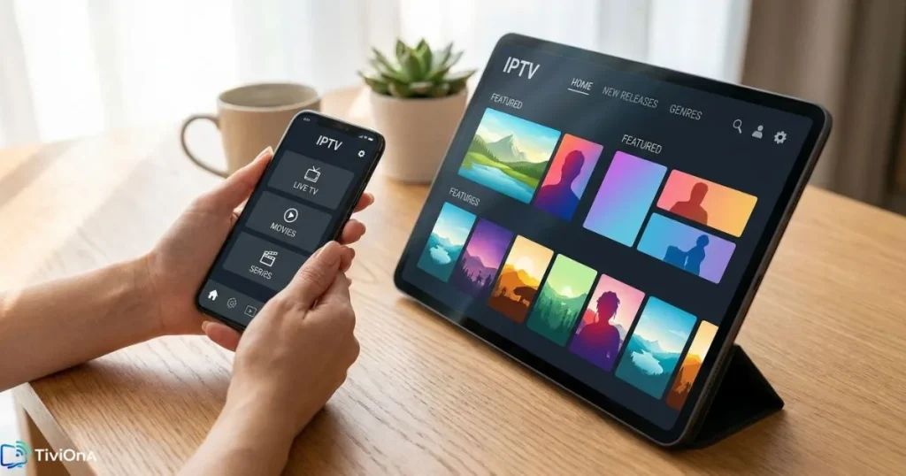 Comparaison entre un lecteur IPTV basique et une application IPTV complète sur deux écrans