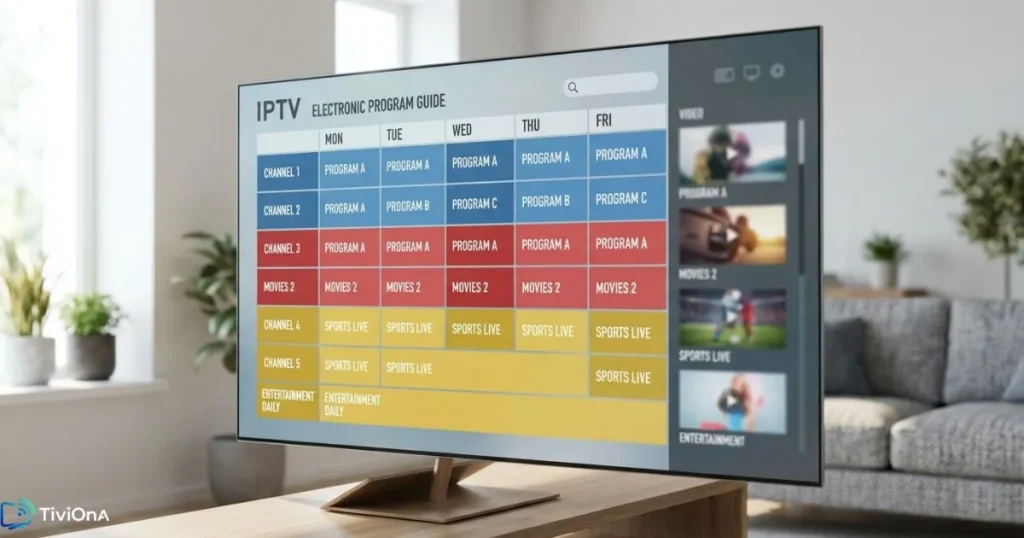Guide EPG IPTV affiché sur une Smart TV avec grille de programmes colorée