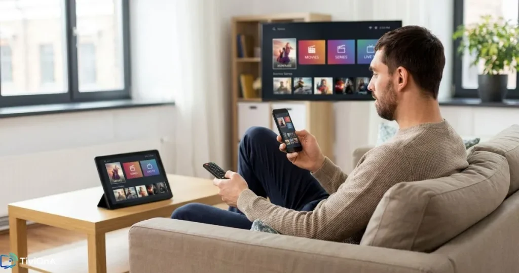 Homme testant une application IPTV sur plusieurs appareils connectés depuis son canapé