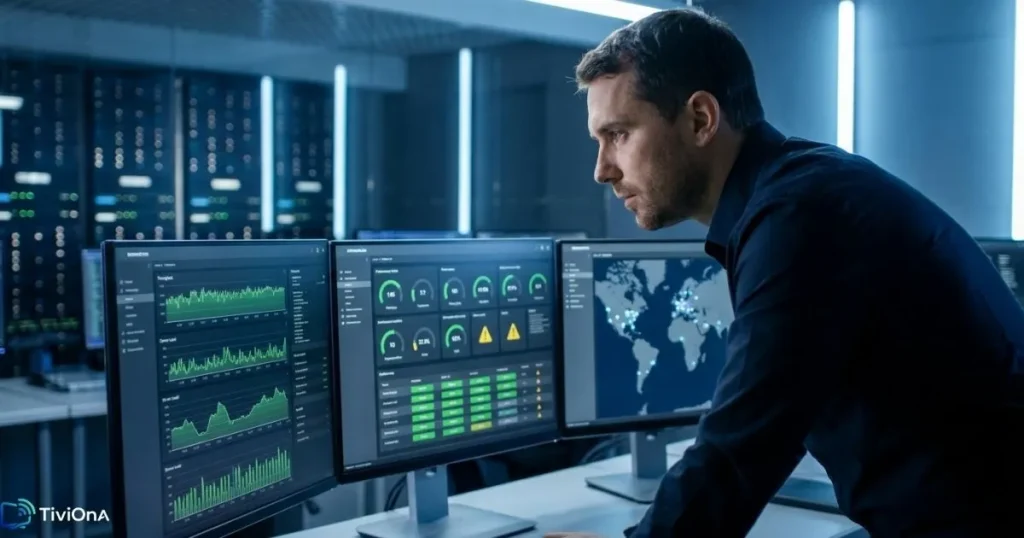 Performance serveur IPTV - technicien réseau surveillant le débit en temps réel