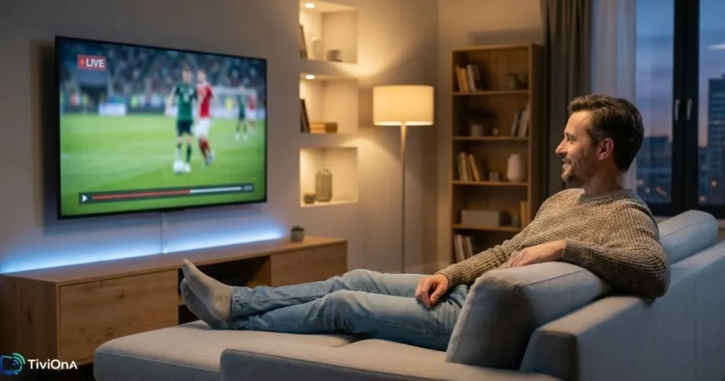 Stabilité IPTV illustrée par un homme regardant un match en direct sur Smart TV sans coupure