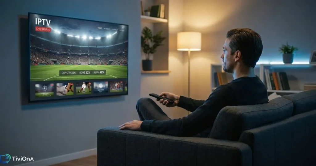 Abonnement IPTV France - homme regardant un match de sport en direct sur Smart TV