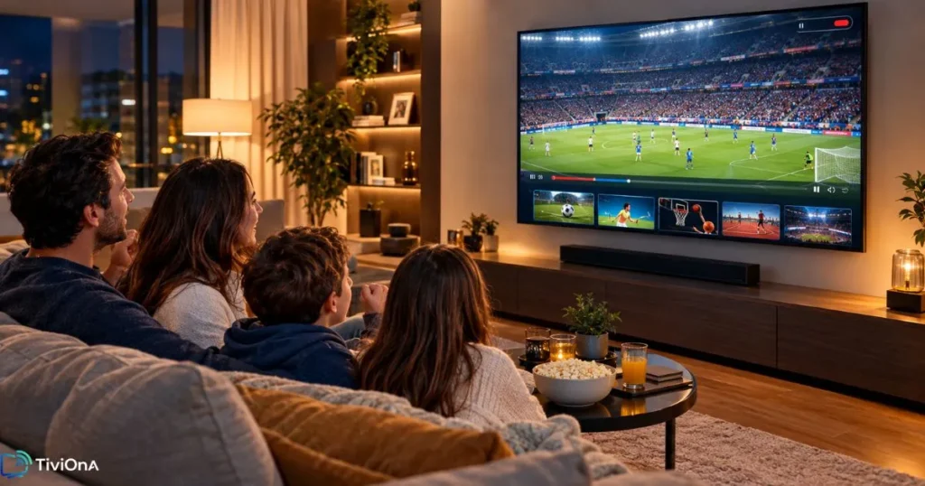Famille qui regarde un match en direct via un abonnement IPTV premium sur grand écran