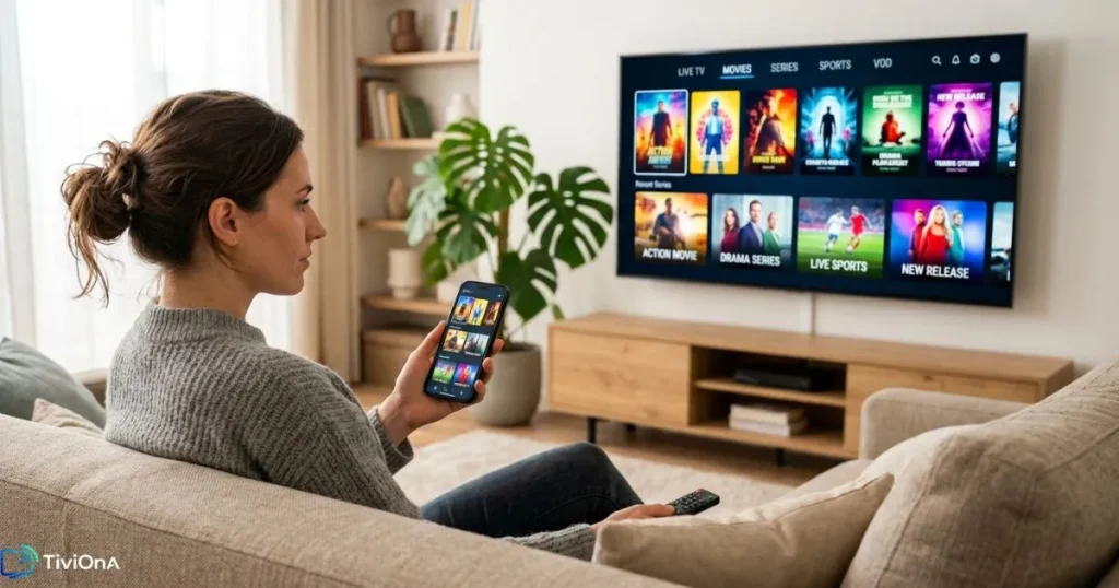 Stabilité IPTV testée sur Smart TV et smartphone dans un salon contemporain