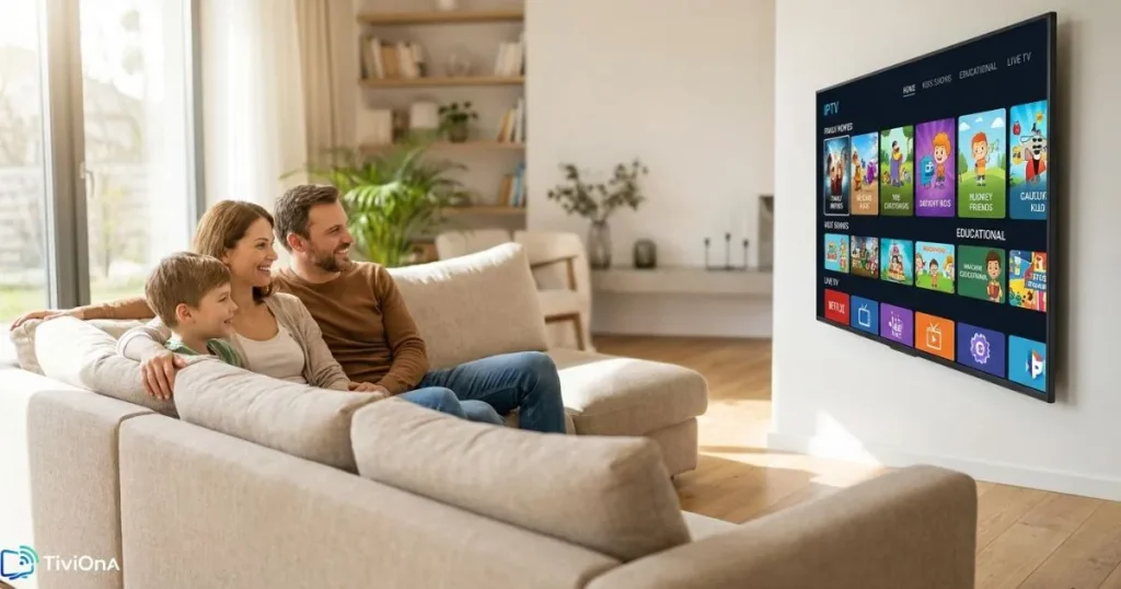 Famille regardant des chaînes françaises IPTV sur téléviseur connecté dans le salon