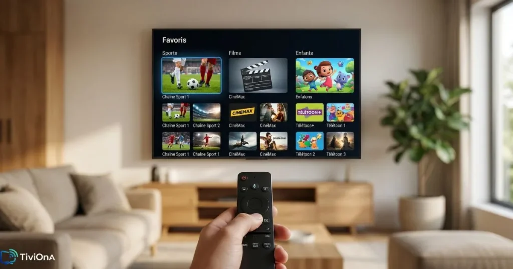 Gestion des favoris IPTV sur une télécommande et interface TV en arrière-plan