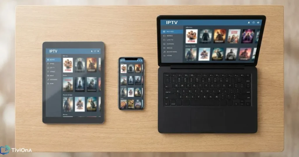 Design IPTV affiché sur plusieurs appareils - Smart TV, tablette et smartphone