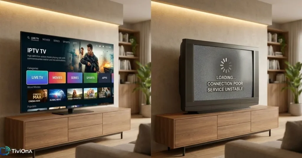 Qualité IPTV en HD sur grand écran versus flux instable d'une offre IPTV gratuite