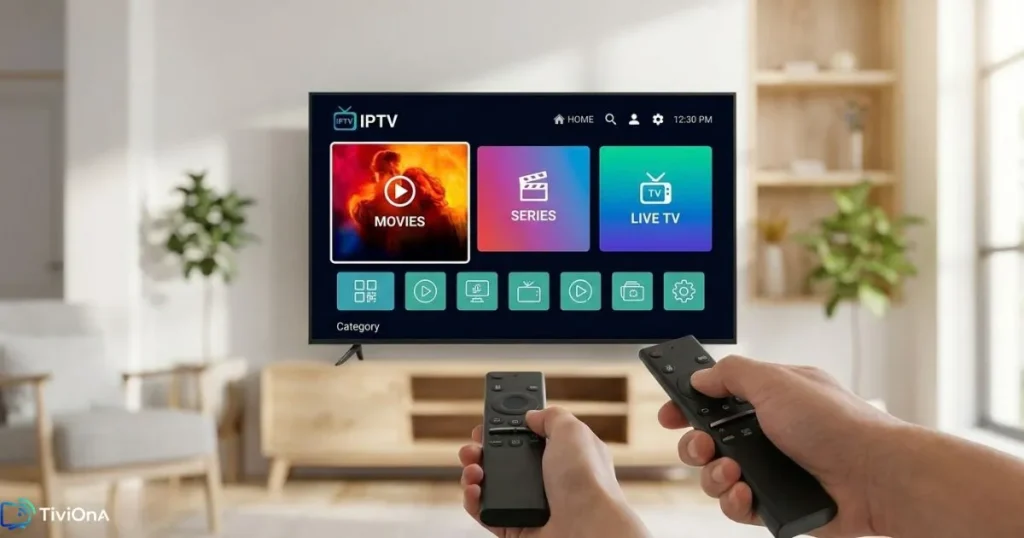 Téléviseur 4K affichant une interface moderne : l'évolution IPTV vers une image plus nette