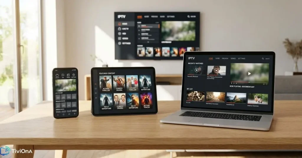 Smartphone, tablette et ordinateur avec une application IPTV, et une Smart TV en arrière-plan