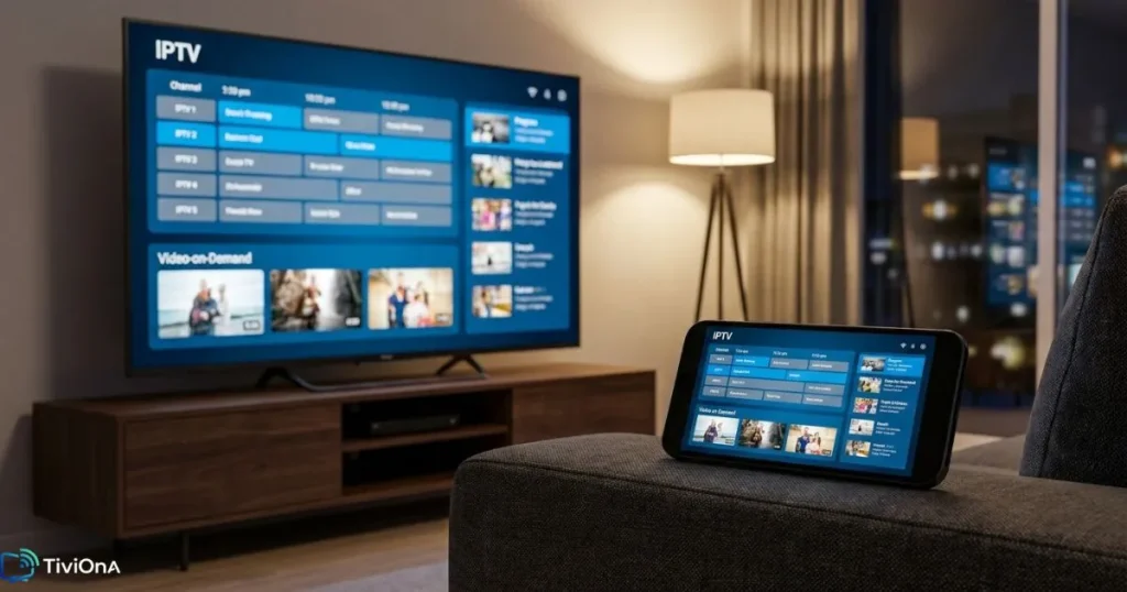 Fonctionnalités IPTV avec abonnement affichées sur un écran de télévision et un smartphone