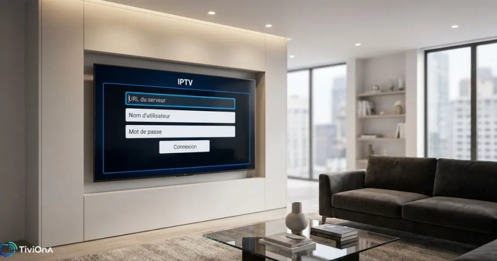 Interface de connexion IPTV Xtream sur Smart TV dans un salon moderne