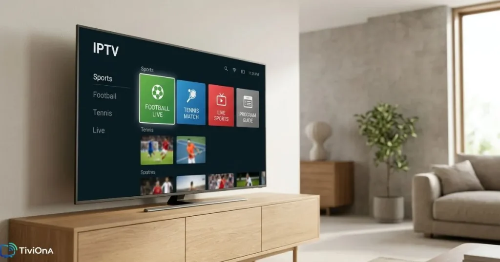 Interface streaming sportif IPTV sur Smart TV avec guide des programmes