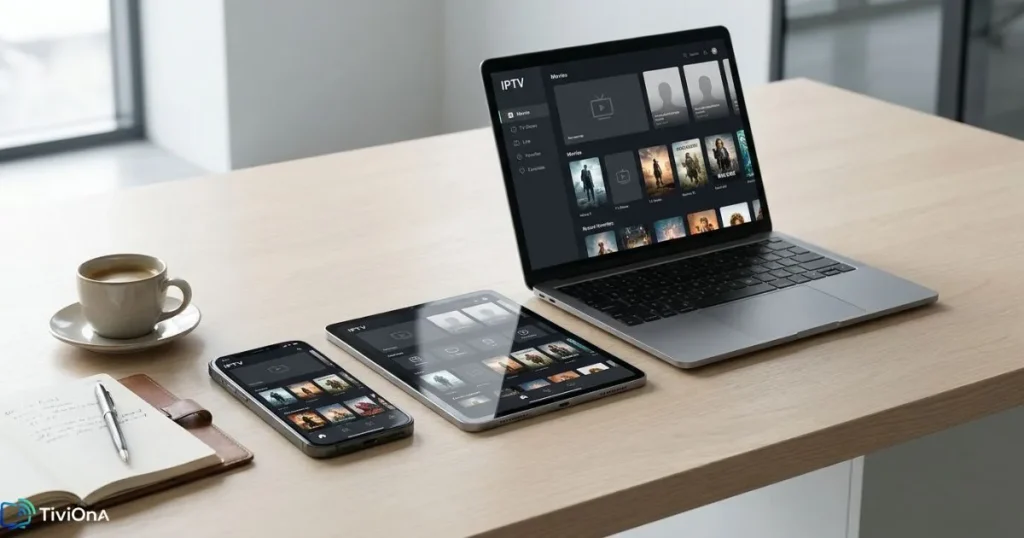 IPTV multi-appareils - smartphone, tablette et Smart TV affichant le même contenu en streaming