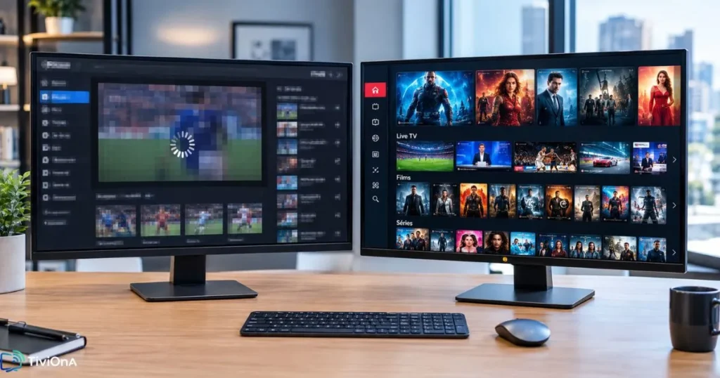 Comparaison service IPTV premium et offre classique sur deux écrans côte à côte