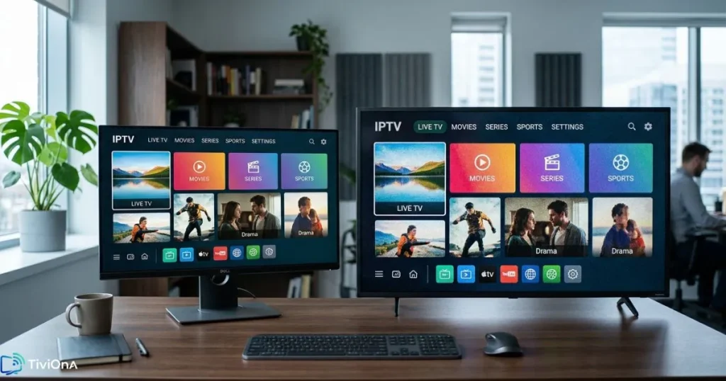 Comparaison de la qualité IPTV entre deux services sur un écran HD dans un salon moderne