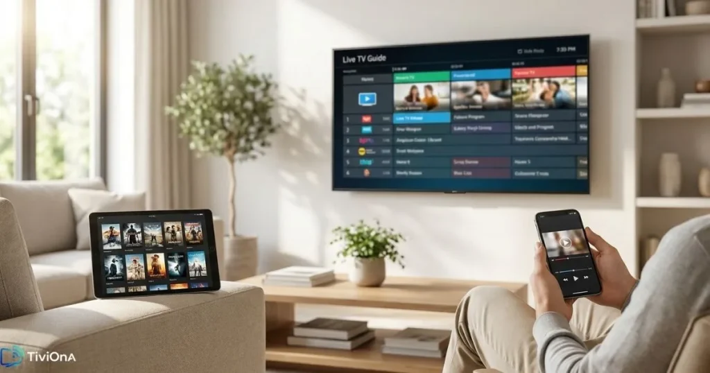 Performances IPTV sur plusieurs appareils — Smart TV, tablette et smartphone utilisés simultanément