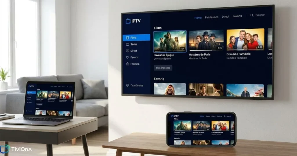 Plusieurs appareils compatibles IPTV affichant une interface de streaming dans un intérieur moderne