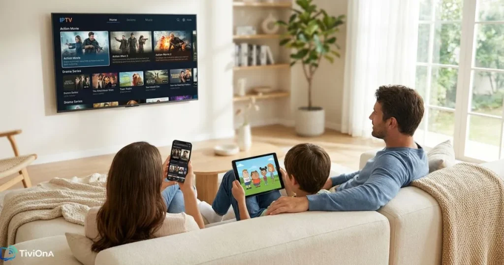 Offre IPTV France - famille profitant d'un abonnement streaming sur plusieurs appareils à la maison