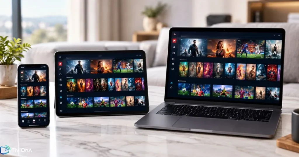 IPTV multi-appareils sur smartphone tablette et Smart TV dans un intérieur moderne