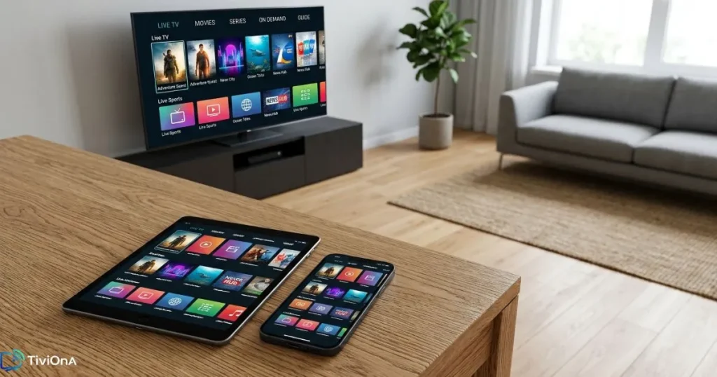 Essai IPTV sur plusieurs appareils compatibles - Smart TV, tablette et smartphone affichant une interface IPTV