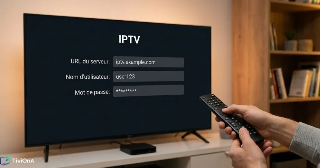 Personne configurant un lecteur IPTV pour télévision sur sa box Android TV