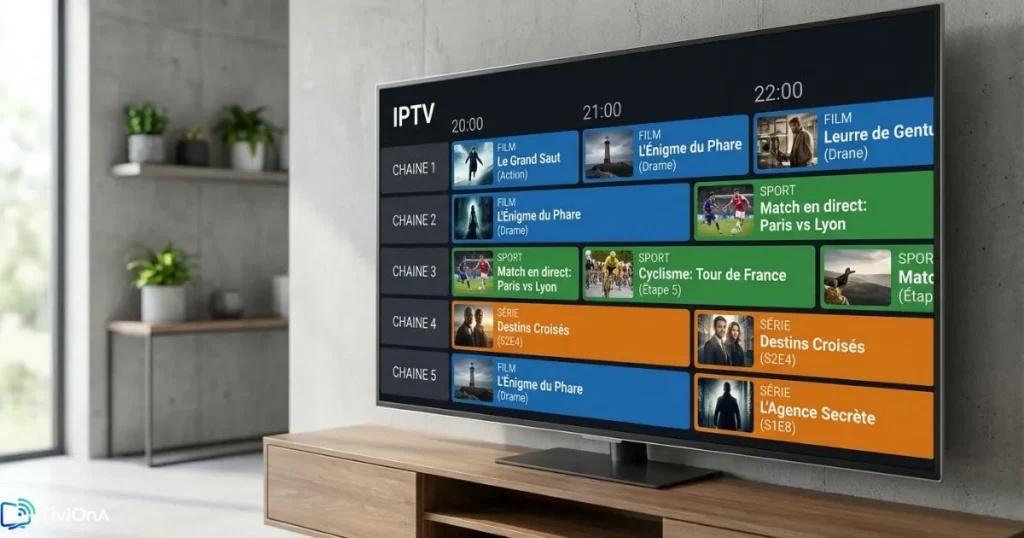 Guide EPG affiché sur un écran de lecteur IPTV avec programme TV en temps réel